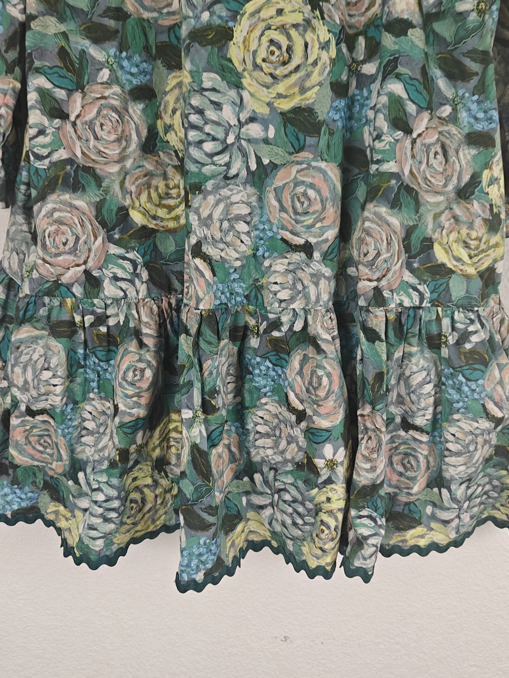 Cottagecore Green Floral Cotton Drop Waist Mini Dress Romantic Prairie Sz LG - Picture 14 of 16